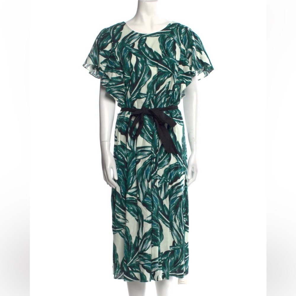 Who What Wear High Neck pal print linen blend midi dress ruffle sleeve Large new